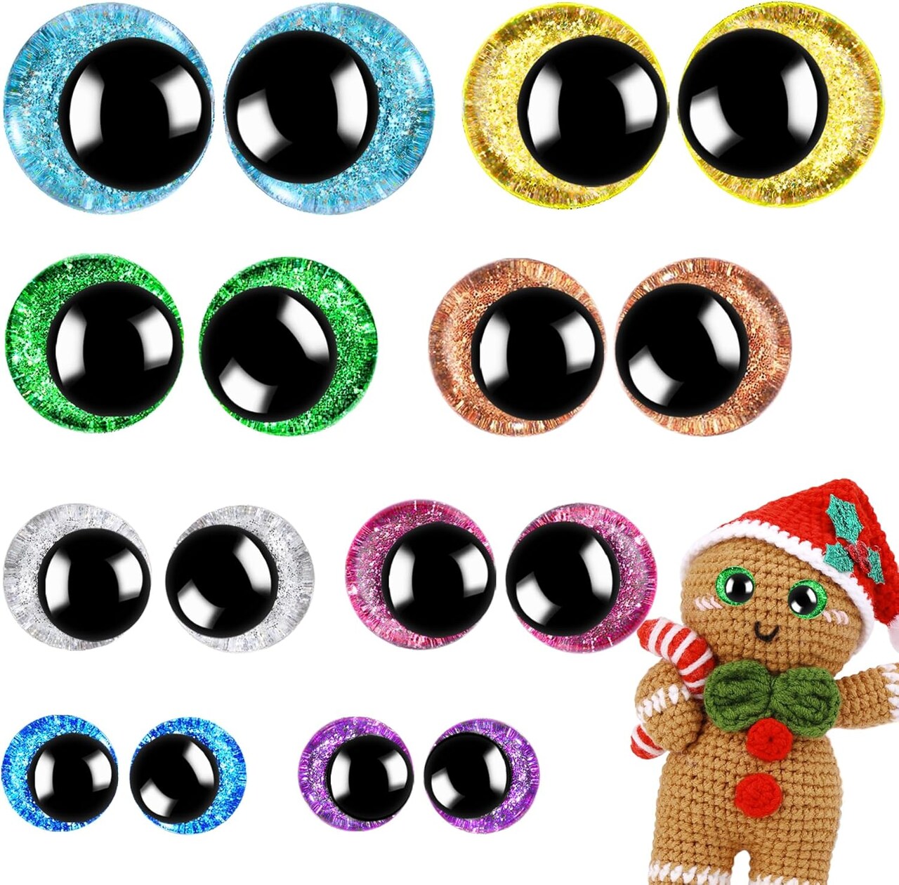 160PCS Large Glitter Safety Eyes for Amigurumi – 3D Crochet Doll Eyes with Washers for DIY Puppets, Bears & Plush Animals (12-18mm)